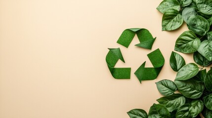 A vibrant green recycling symbol crafted from leaves rests on a beige background flanked by lush green foliage representing eco-friendly recycling and sustainable practices for a