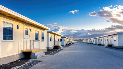 Obraz premium Migrants relocation crisis impact Row of modular homes against a scenic mountain backdrop.
