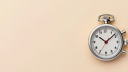 A classic silver stopwatch rests on a pale beige background providing ample copy space perfect for time management concepts or sports related designs and projects.