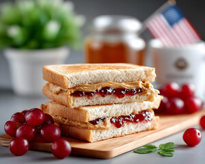 Two halves of a peanut butter and jelly sandwich on a wooden board, accompanied by grapes and a small American flag