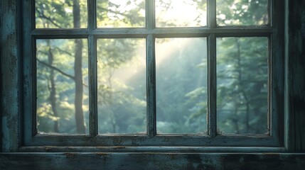 Fototapeta premium Looking Through Old Window at Sunlight Streaming Into a Dense Forest