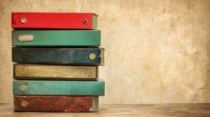 A stack of vintage office binders rests on a wooden surface against a textured beige wall; the colors are red, green, blue, brown, and teal, suggesting a history of office work and
