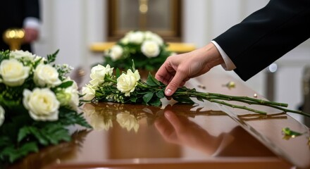 Person placing white roses on a wooden casket