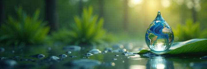 Fototapeta premium Water drop on leaf showcasing the Earth inside against serene background with copy space