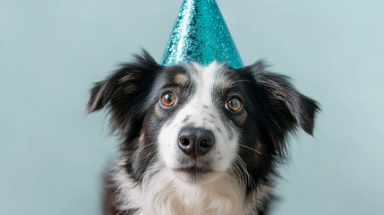 Close-up of border collie wearing blue party hat,  facing camera, showcasing festive pet portrait, ideal for birthday or celebration themes