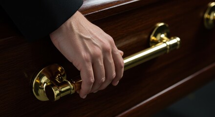 Obraz premium Hand on a gold handle of a wooden casket
