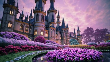 A whimsical castle scene at sunset with vibrant gardens, captured from a low-angle. The video evokes a fairytale atmosphere with pastel hues.