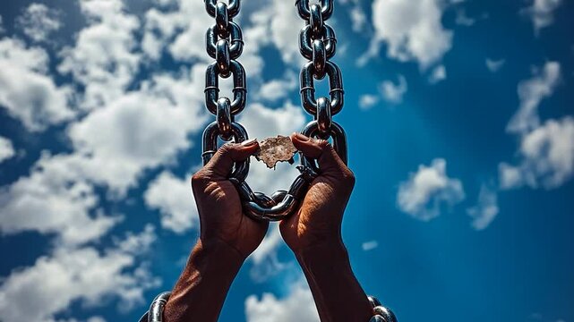 Hands holding chains against sky freedom and limitation