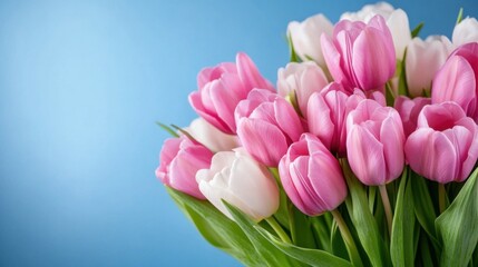 Fototapeta premium Fresh Pink and White Tulips in a Bright Blue Background for Nature and Spring Celebrations