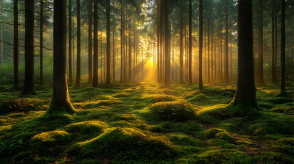 Obraz premium Sunlit Forest Path: Golden Hour Light Through Tall Trees