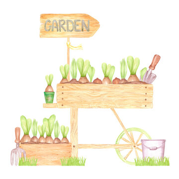 watercolor garden cart with plants clip art preview