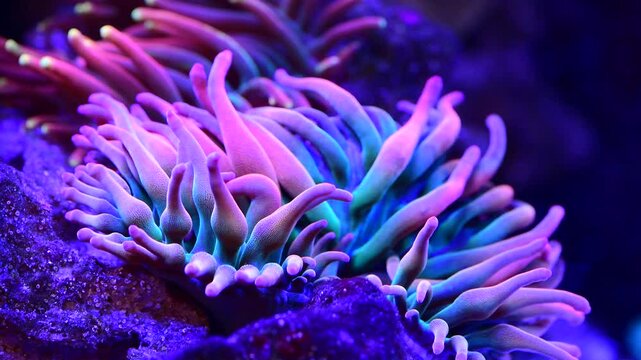 Anemone, ocean and sea plants with aquarium and Hawaii aqua coral reef in blue water. Underwater, seaweed and seascape with purple color fish and tropical ecosystem and environment in nature