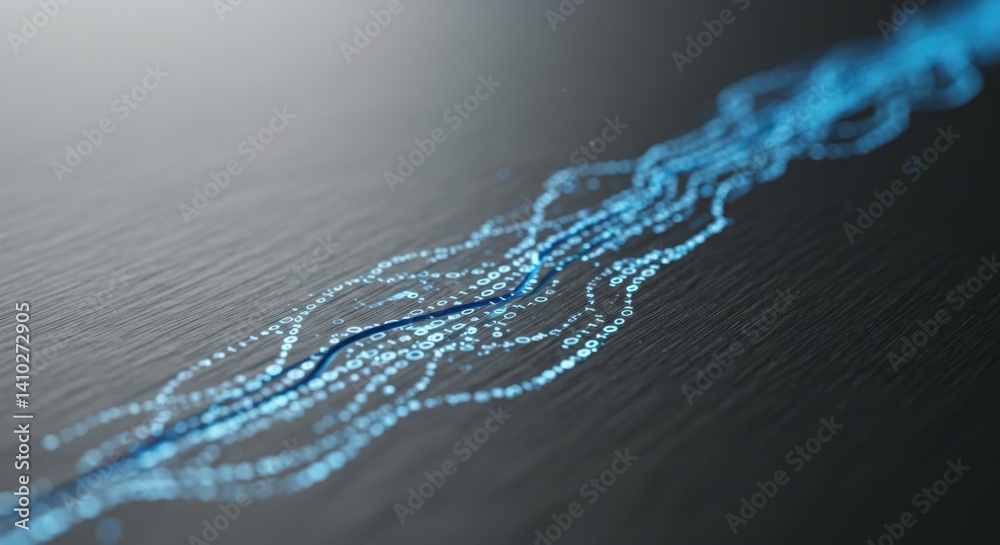 Poster Digital Binary Data Flowing with Glowing Light on Dark Surface