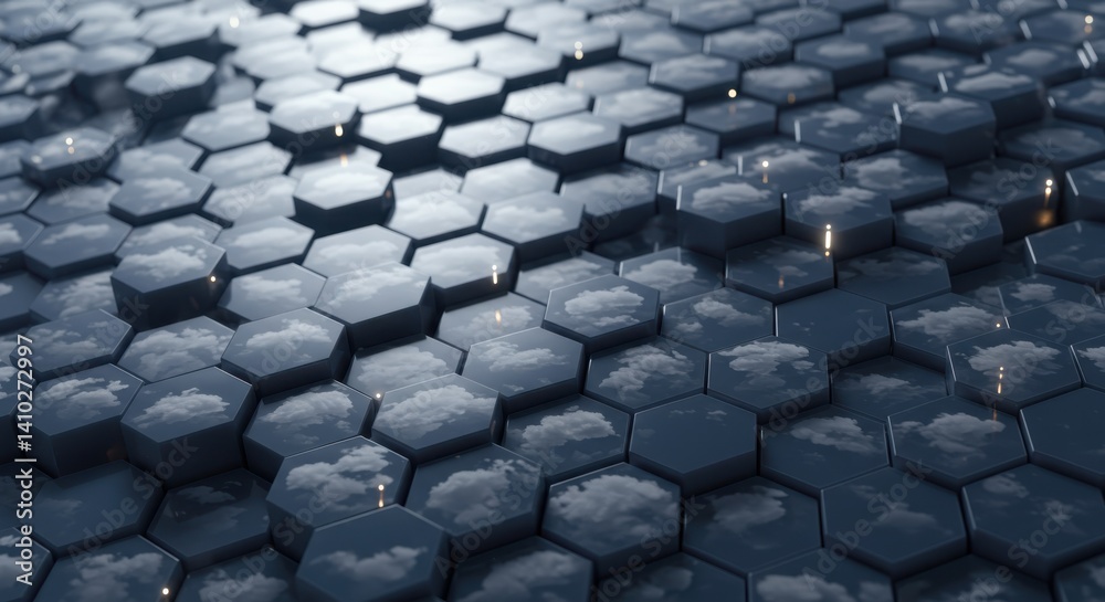 Poster Abstract Hexagonal Pattern Reflecting Sky and Clouds Surface Design