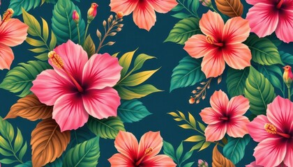 Tropical Paradise: Create a pattern of vibrant hibiscus and palm leaves in shades of pink, orange, and green against a dark teal background.