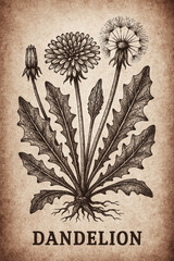 Detailed botanical illustration of dandelion leaves, flowers, and roots on textured background
