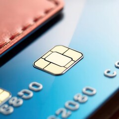 Close-up of a blue payment card with a visible chip, lying on a surface, with parts of the card number visible.