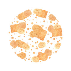 Hand drawn watercolor biscuits with polka-dot round frame border isolated on white background. Can be used for postcard, label, scrapbook and other printed products.
