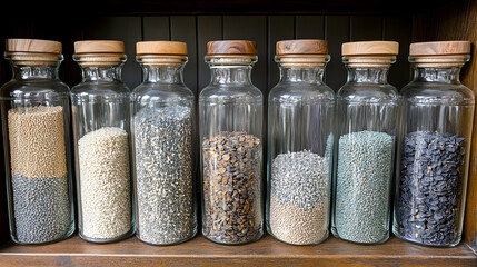 Variety Of Dried Beans And Grains In Glass Jars