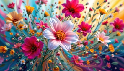 Obraz premium Colorful Floral Whirlwind: Generate an image of flowers caught in a whirlwind, with vibrant colors flowing and blending into an abstract backdrop.