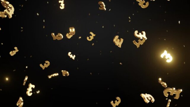Falling Golden British Pound Sterling Symbols on Black Background &ndash; 3D Rendering