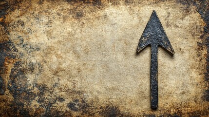 A weathered, dark metal arrowhead points upward against a rustic, textured, grunge background providing ample copy space for directional design elements or motivational concepts.