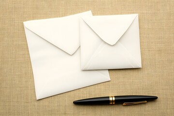 Blank White Envelopes and Pen on Beige Fabric