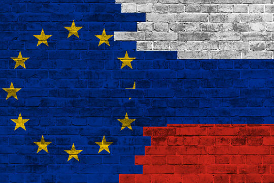 Flags of Russia and EU. No war. Peace. Relationship between EU and Russia. Sanctions.