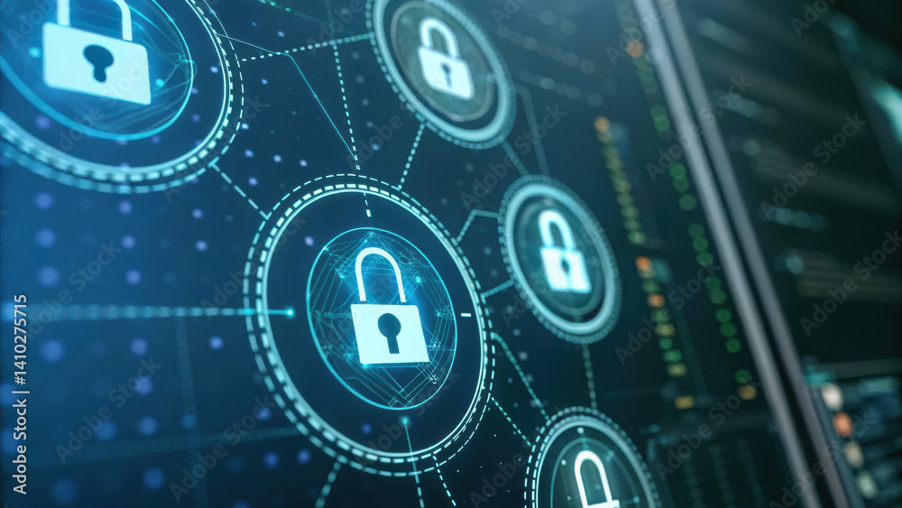 Poster secure digital locks represent advanced cybersecurity service solutions in connected network environ