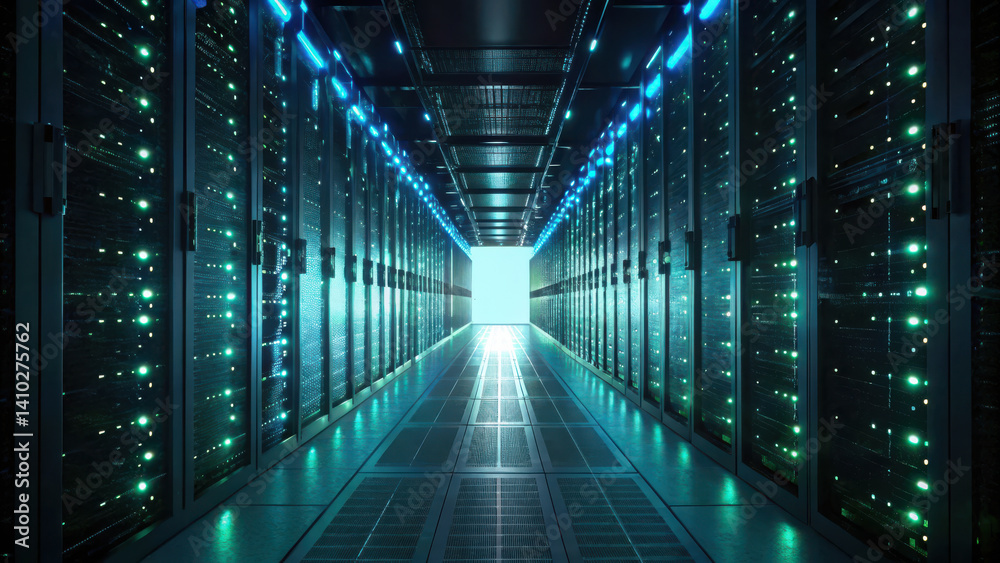 Poster modern data center showcasing advanced cybersecurity service technology with illuminated server rack