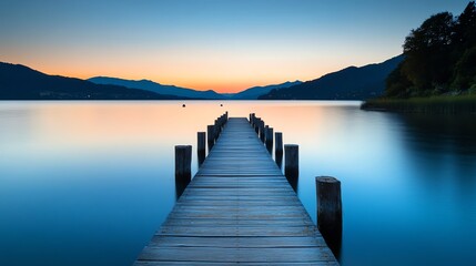 Fototapeta premium Wooden Pier Leading to Calm Lake at Dusk with Mountains Backdrop