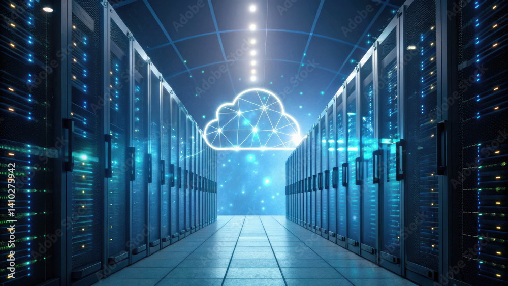 Poster modern data center showcasing advanced cybersecurity service infrastructure with rows of servers and