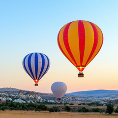 Obraz premium Colorful hot air balloons float gracefully in sky during sunrise, creating serene and picturesque landscape