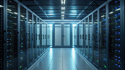 modern data center showcasing advanced cybersecurity service infrastructure with rows of servers and illuminated technology
