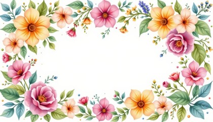 Watercolor Bloom Border: Illustrate a border of watercolor flowers and leaves with soft, blending colors around a central blank area for gentle elegance.