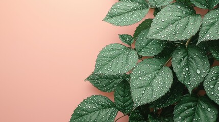 Lush green leaves with water droplets adorn a soft pink background providing a vibrant natural backdrop ideal for various design projects showcasing freshness and serenity.