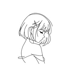 Minimalist one line drawing of a young woman in profile on white background