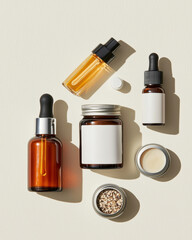 Obraz premium Natural skincare products in glass jars and bottles arranged creatively, showcasing various textures and colors