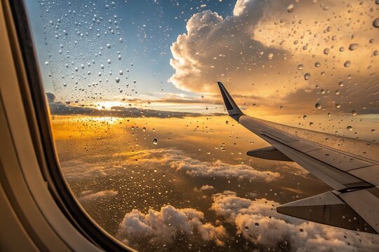 Captivating view from an airplane window during a rainy sunset over the clouds.