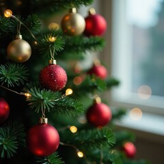 Fototapeta premium Evergreen Christmas tree with colorful ornaments and lights, tree decorations, festive