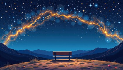 Starry Night Overlook: Illustrate a hilltop under a star studded sky, with a comfortable bench perfect for stargazing in a tranquil setting.