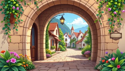 Charming Village Passage: Illustrate a quaint path through archways adorned with hanging plants, leading to a charming village square.