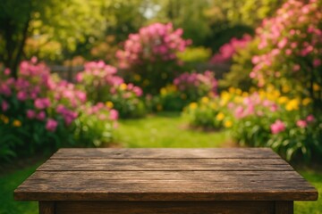 Fototapeta premium Vibrant Spring Garden View With Rustic Wooden Table and Blurred Blooming Flowers in Backyard