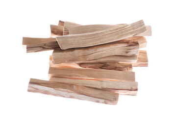 Pile of palo santo sticks on white background