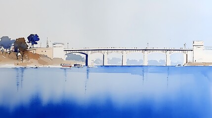 Serene Riverfront Bridge Under a Clear Sky in Vibrant Watercolor