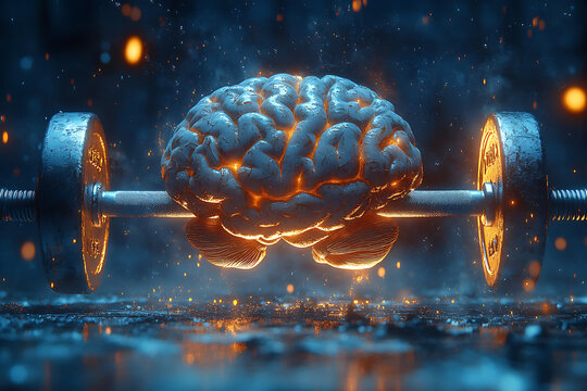 Surreal human brain lifting dumbbells overhead in a fantasy space, symbolizing mental strength, cognitive training, and the power of intellect.

