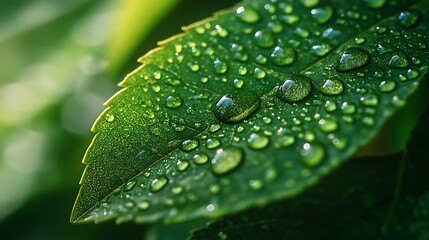 Plant Leaf with Water Droplets, capturing the glistening droplets in sharp detail, highlighting nature beauty and delicate structures.
