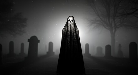 Figure in Black Robe Standing in Cemetery at Night