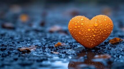 Fototapeta premium Vibrant orange heart with water droplets on a dark wet ground.