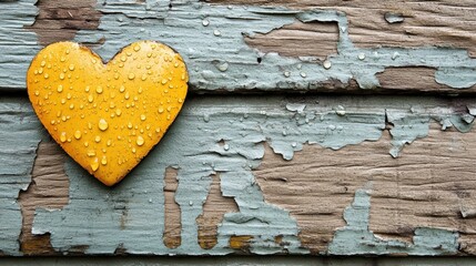 Bright yellow heart with water droplets on weathered peeling paint.

